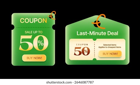 3d last minute deal coupon with coupon code, percentage off on popup dialog, isolated on dark background. Limited time gift voucher banner template in 3d vector