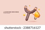 3D Launching New Ideas Concept. The slingshot represent the process of launching new ideas or innovations within a company. Realistic 3d design in cartoon minimal style. 3D Vector illustration