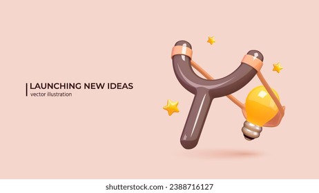3D Launching New Ideas Concept. The slingshot represent the process of launching new ideas or innovations within a company. Realistic 3d design in cartoon minimal style. 3D Vector illustration svg