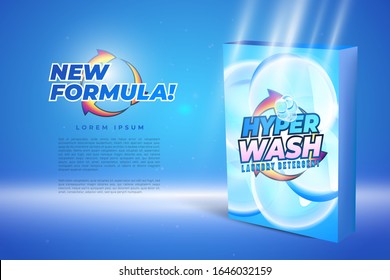3d laundry detergent packaging design. new formula lettering. washing themed poster or banner concept