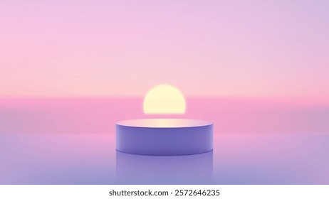 3D lavender podium bathed in soft sunset hues. Showcasing products or creating serene mockups with an elegant, minimalist aesthetic and a touch of nature calm