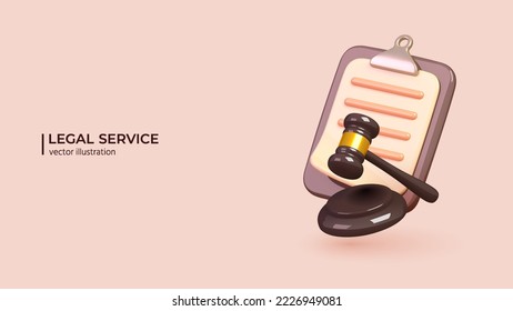 3D Law Service. Realistic 3d design of Judge hammer and Paper clipboard. Commercial law, Legal advice for business. Vector illustration in cartoon minimal style.