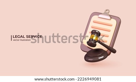 3D Law Service. Realistic 3d design of Judge hammer and Paper clipboard. Commercial law, Legal advice for business. Vector illustration in cartoon minimal style.