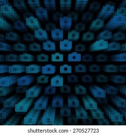 3d layered dark vector background with camera icon template. Abstract transparent background with perspective for poster, banner, web.