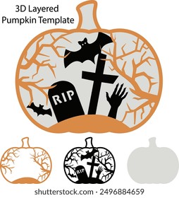 3D Layered Halloween Pumpkin template for laser and paper cutting, Multilayer Pumpkin Art, Halloween scene