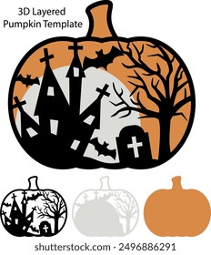 3D Layered Halloween Scary Pumpkin template for laser and paper cutting, Multilayer Pumpkin Art, Halloween scene