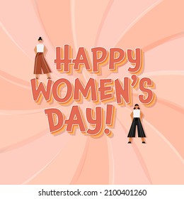 3D Layered Happy Women's Day Font With Young Girls Standing On Peach Swirl Rays Background.