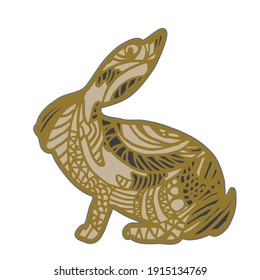 3D layered mandala bunny illustration. Golden and grey svg