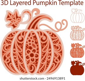 Plantilla de calabaza en capas 3D para corte de láser y papel Mandala de otoño Día de Acción de Gracias Halloween Calabaza con patrón Archivo de corte multicapa