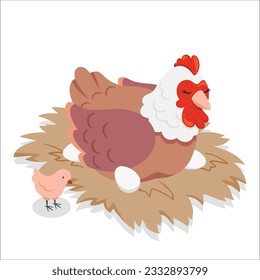 3d Laying hen in its straw nest with an egg. Brown hen on nest with eggs. Domestic bird during laying and brooding. Colorful flat textured vector illustration isolated on white background. 2011