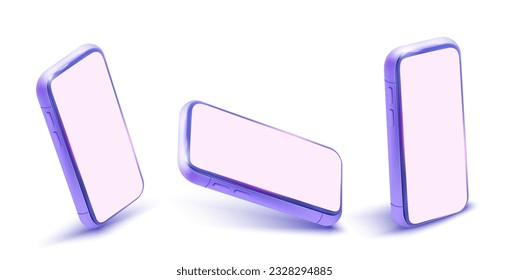 Diseño 3D de un teléfono móvil en varias posiciones, vista frontal, vista lateral, vista superior. smartphones de barro moderno y minimalista en color azul o púrpura. Interfaz de usuario de dispositivo, modelo UX para la plantilla de presentación