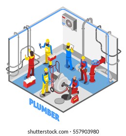 3d layout of plumber isometric people composition in color with repairing pipes and equipment set up in the basement vector illustration