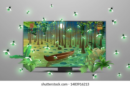 3d lcd tv with firefly at the river in the jungle