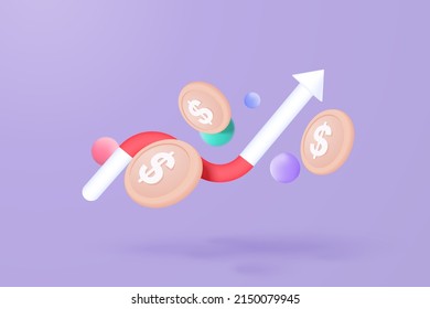 3d Führung für eine erfolgreiche neue Idee. Ausgezeichnete Investitions-Business-Grafik auf dem Hintergrund. Investment Creative Lösung mit Geld-Münzen und Graph-Konzept. 3D-Vektorfinanzierung auf violettem Hintergrund