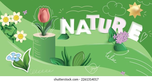 3d leaf flower composition with collage of cumbersome plants with leaves sketch icons and ornate text vector illustration