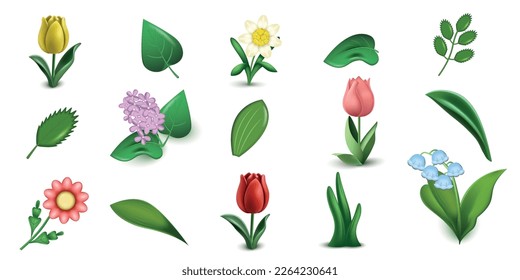 3d conjunto de flores de hoja con iconos de los elementos florales acecha brotes y hojas sobre fondo en blanco ilustración vectorial