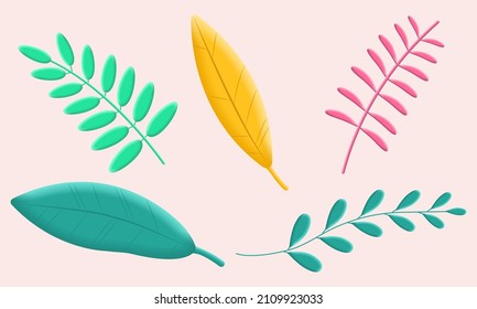 3d conjunto de hojas. Diseño de follaje. Hojas de verano, primavera o otoño. Elementos modernos de decoración vegetal. Ilustración vectorial.