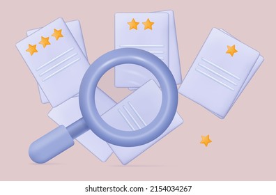 3d learning level. Select or search for a successful completed task. The concept of increasing the level up, effective result  project evaluation. Vector banner with magnifying glass and paper pages.