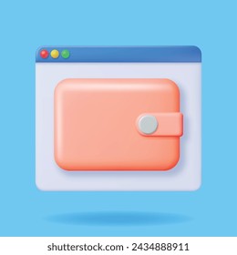 3D Leather Wallet in Window UI Isolated. Render Wallet or Purse in Computer App. Digital Online Banking or Cashless Payment Concept. Money Transfer and Exchange, Shopping. Vector Illustration