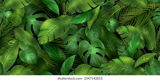 3D leaves background. Exotic forest, jungle pattern. Banana leaf, Monstera and palm trees. Summer spa plant texture is seamless, green color. Realistic isolated elements. Vector wallpaper design