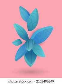 3D Leaves. Botanical composition on pink backrop. Tropical exotic background. Summer spring banner or poster design geometric elements, vector isolated illustration