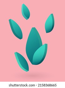 Hojas 3D. Composición botánica sobre el fondo rosado. Fondo tropical exótico. Banner de primavera de verano o elementos geométricos de diseño de afiches, ilustración aislada vectorial