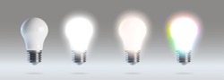 3d led bulb lamp. Smart cfl with light temperature and multicolor glowing mockup. Realistic incandescent spot with warm and cold advertising promo compare. Different type of lightbulb spectrum