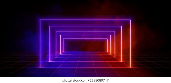 3D led light portal perspective on grid background. Vector realistic illustration of blue and red neon rectangle arch, clouds of transparent smoke, retro wireframe landscape, 80s disco stage design