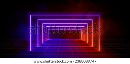 3D led light portal perspective on grid background. Vector realistic illustration of blue and red neon rectangle arch, clouds of transparent smoke, retro wireframe landscape, 80s disco stage design