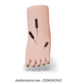 3D leg with special long needles. Vector illustration for acupuncture concepts