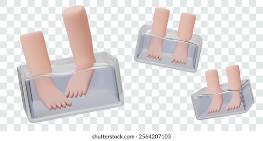 3D legs in transparent container with water. Set of templates in cartoon style