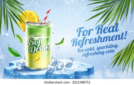 3d lemon juice soda ad template in the concept of chilling drink for summer. Realistic cola can stands on an ice stage with ice cubes and palm leaf decoration.