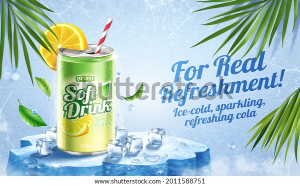3d lemon juice soda ad template
in the concept of chilling drink for summer. Realistic cola can
stands on an ice stage with ice cubes and palm leaf
decoration.