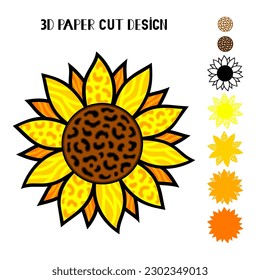 3D Leopard Sunflower . Vector paper or laser cut template. Flower silhouette. Summer illustration. Isolated on white background. Decorative symboll. For card,printing on t-shirt,mug,sublimation.