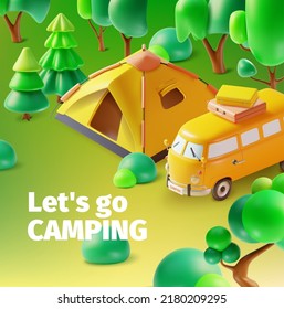 3d Let's Go Camping Concept Poster Card Plasticine Cartoon Style. Vector illustration of Travel Summer Family Trip
