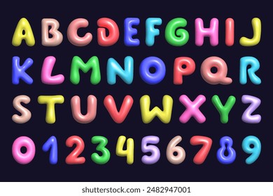 3d letter, alphabet and numbers. Font kid. Balloon typography, cute colorful bubble toy. Color candy party text, cartoon children plastic isolated elements. Vector child birthday glossy illustration