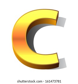 3d letter C in gold metal on a white isolated background. 