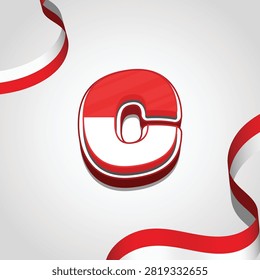 3D letter C in Indonesia's red and white colors with ribbon decoration, celebrating Indonesia Independence Day on a clean background