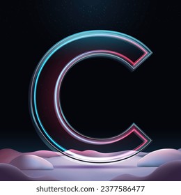 3D letter C with neon light insight.  Glass letter with sparkles and winter background. Holiday decoration. Element for design poster, advertisign or game
