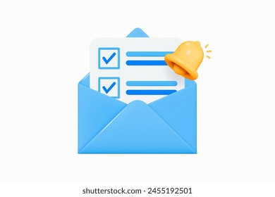 3D-Brief mit abgeschlossener Aufgabe oder Checkliste im Umschlag. Dokument per E-Mail öffnen. Glockenbenachrichtigung. Neue Nachricht. Aufgabenverwaltung. Newsletter-Konzept. Cartoon-Design-Symbol. 3D-Vektorillustration