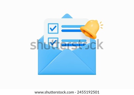 3D Letter with completed task or checklist in envelope. Open document by email. Bell notification. New message. Task management. Newsletter concept. Cartoon design icon. 3D Vector illustration