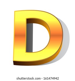 3d letter D in gold metal on a white isolated background. 