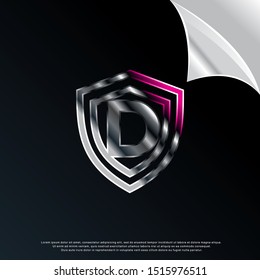 3D letter D inside shield icon, modern template logo design