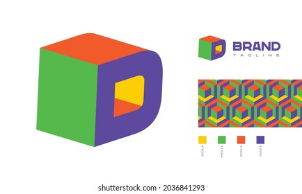 3D letter D Logo corner view with pattern and colour code swatches for branding designs with colors red, green, blue, yellow