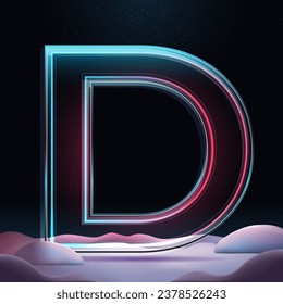 3D letter D with neon light insight.  Glass letter with sparkles and winter background. Holiday decoration. Element for design poster, advertisign or game