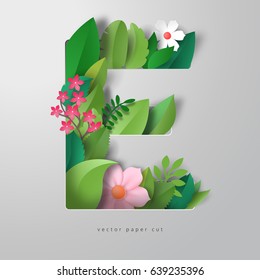 3d letter E of paper leaves and flowers. Realistic shadow. Vector paper cut. 