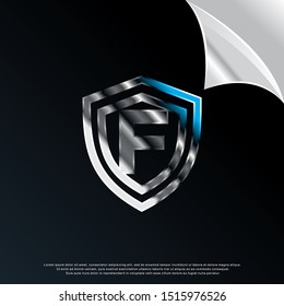 3D letter F inside shield icon, modern template logo design