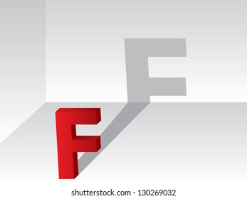 3d letter F with shadow on grayish wall