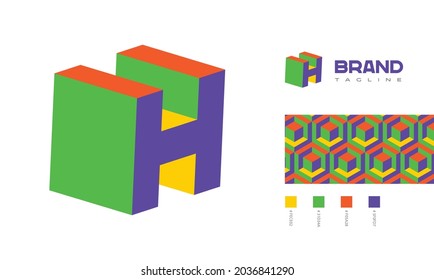 3D letter H Logo corner view with pattern and colour code swatches for branding designs with colors red, green, blue, yellow