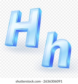 3D letter H, made of clear glass, consists of uppercase and lowercase letters, isolated on a background. Used as a teaching aid for children. Vector illustration.